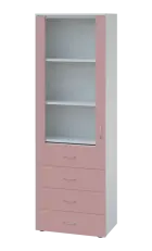 LE - 64 skříň léková prosklená, levá, korpus bílý, dvířka pastelově růžová